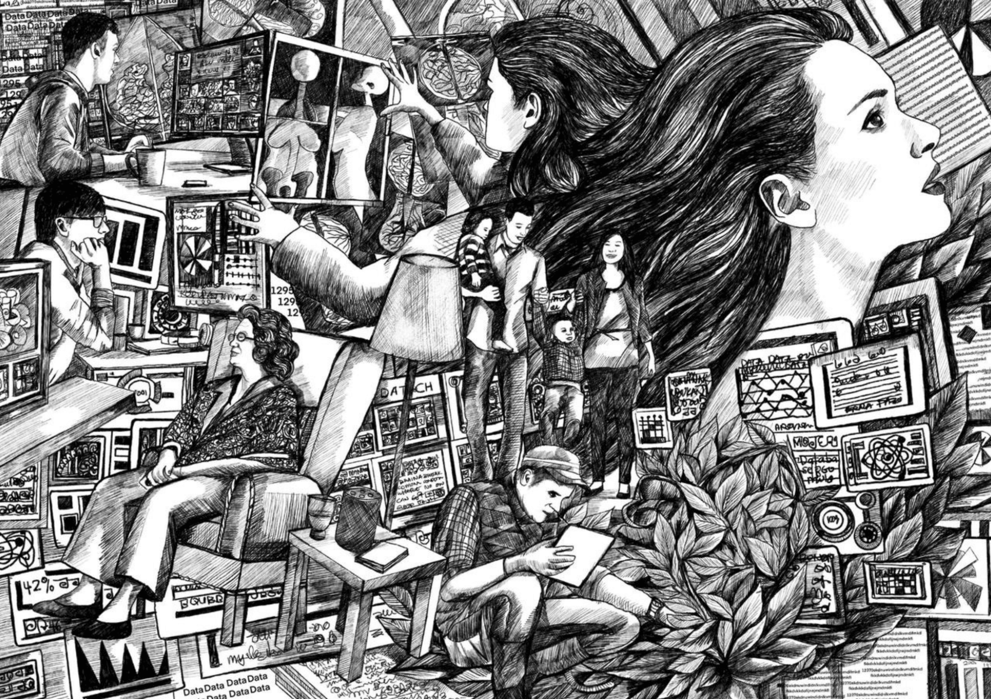 Black-and-white pen illustration of people of different ages working with screens, charts and documents, a family walking together, and a woman with long flowing hair, surrounded by data displays and leaves.